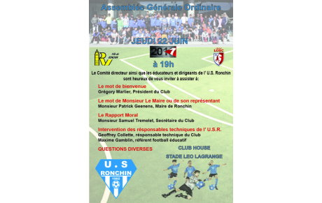 AG DE L'USR : JEUDI 22 JUIN 2017 à 19H00 - Club House