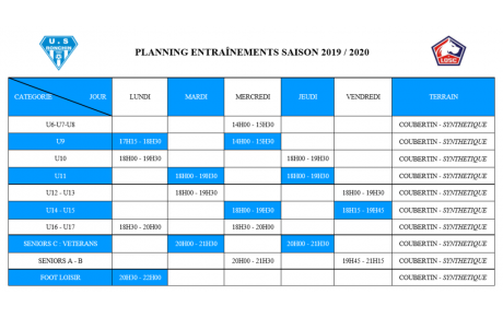 Planning des entraînements 2019-2020.