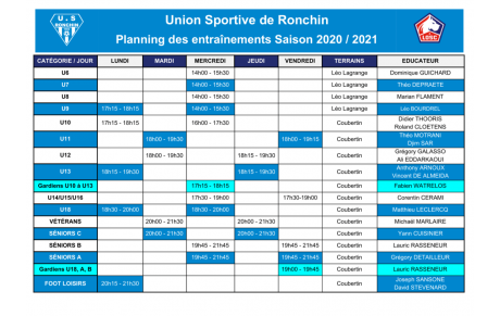 Planning des entraînements 2020-2021