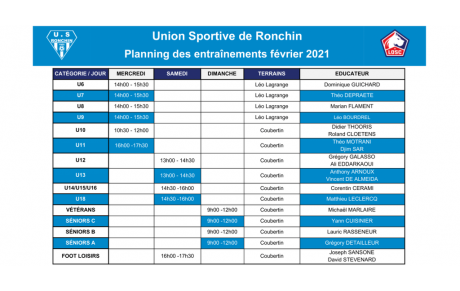 Planning des entraînements - Février 2021