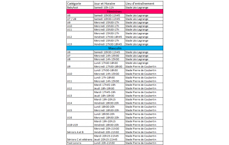 HORAIRE D'ENTRAINEMENT